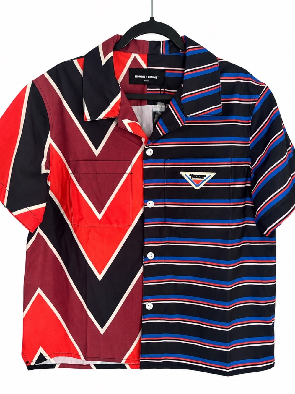 NWT Homme + Femme Limited Edition Split Pattern Camp Shirt Striped Chevron M